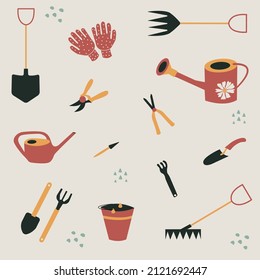 Garden tools. Set of vector icons for gardening. Flat vector illustration for agricultural work. Cultivation of domestic plants. Spring outdoor hobbies.