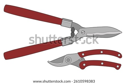 Garden tools set. Vector illustration isolated on white. Pruning shears with red handle.