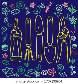 garden tools. garden tools set vector sketch illustration