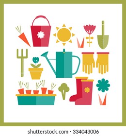 Garden tools set with watering can, gloves, shovel, rake , bucket, flower pot , carrots , broccoli , flowers, crop. Garden elements seamless pattern. Framed with green stripes