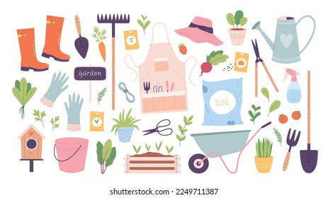 Juego de herramientas de jardín. Flechas de ruedas y rastrillos, herramientas de cultivo de plantas orgánicas primavera. Semillas agrícolas, agua de jardinería y flowerpot vectorial clipart