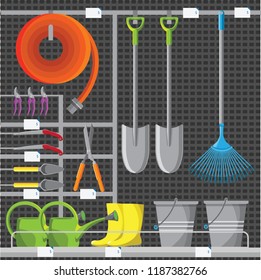 Garden tools shop or store showcase. Vector gardening equipment. Farming icon collection illustration. Horticulture and agriculture accessory.