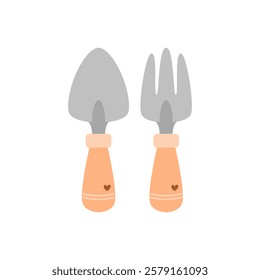 Garden tools, shovel and rake for flowers flat vector illustration. Garden and vegetable garden concept