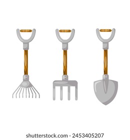 Garden tools shovel rake fork. Freehand drawing, vector illustration.