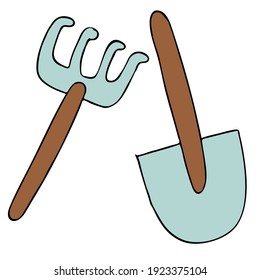 garden tools - shovel and rake for gardening, vector doodle element, childrens illustration, spring set