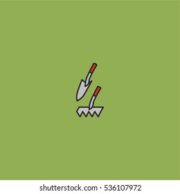 Garden tools shovel and rake Minimalistic Flat Line Color Stroke Icon Pictogram Illustration