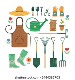 Garden tools: shovel, rake, scissors. Gardener's uniform: apron, wide-brimmed straw hat, high rubber boots, rubber gloves, seedlings in pots. Vector illustration on white isolated background.