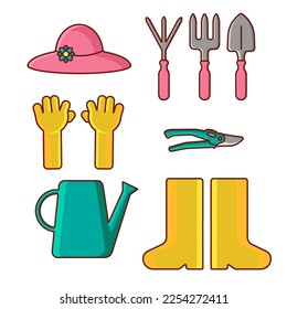 Garden tools shovel, sprinkler, rake, rubber boots, brim hat, work gloves, garden shears, watering can vector illustration set. Summer vibes. Spring gardening season mood. Work with flowerbed.