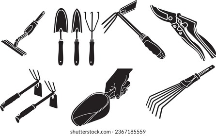 Garden Tools Silhouettes - Shovel, Rake, and Pitchfork Vector, Agricultural Tool Icons - Shovel, Rake, and Pitchfork Set, Pitchfork and Shovel Clipart - Labor Equipment Graphics