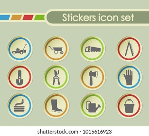 garden tools simple vector icons on round stickers