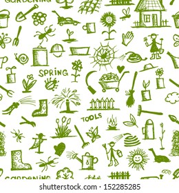 Garden tools sketch, seamless pattern for your design