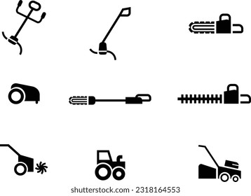 Garden tools, solid icon set, eletrics hedge shears, pole pruner icon, cultivator icon, robot lawnmower