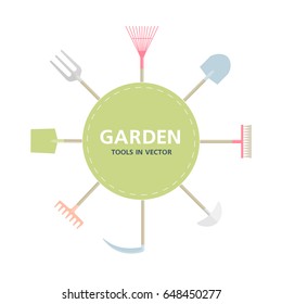Garden tools: spade, hayfork, scythe and rake. Farming equipment. Instruments isolated on white background. Illustration for text