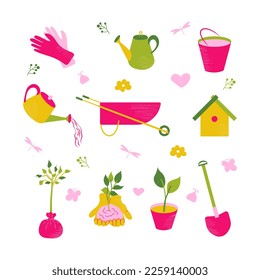 Garden tools and spring set vector illustration. Hand drawn gardening equipment and cute insects. Doodle elements for stickers, greeting card, posters. Isolated on white