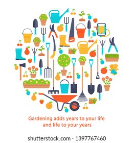 Garden tools stylized in circle shape. Gardening decorative elements for print, greeting card, banner. Vector. Horticulture quote. Icons isolated on white background. Cartoon flat illustration.