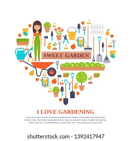 Garden tools stylized in heart shape. I love gardening. Gardening decorative elements for print, card. Vector. Horticulture icon, girl gardener isolated on white background. Cartoon flat illustration