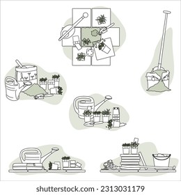 Garden tools and supplies, for making a facade garden or small garden drawings in green and white