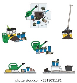 Garden tools and supplies, for making a facade garden or small garden drawings in color