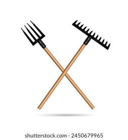 Garden tools symbol. Forks and rakes on a white background. Vector illustration