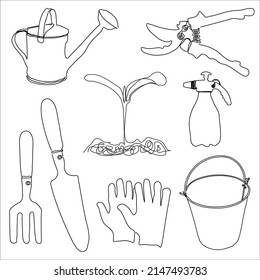 Garden tools. Various items for agricultural activities. Badges bucket, watering can, boots, rake, shovel, gloves. Monochrome vector illustration. 