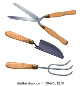 Garden tools vector design element set. Trowel, rake and gardening scissors.