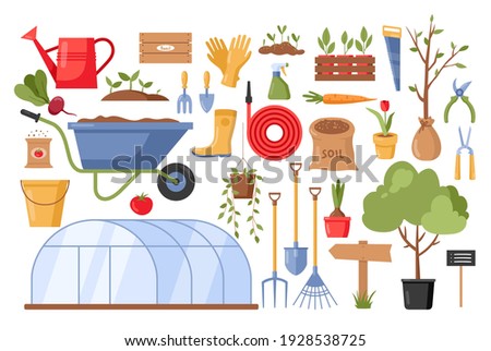 Garden tools. Vector gardening equipment with flowers, rubber boots, glove, seedling, watering can, scissors, wheelbarrow, shovel, rake, saw, bucket isolated on white background. Spring farming icons