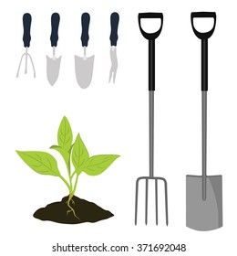 Garden tools vector icon set. Garden shovel, garden fork, cultivator and  plant growing in the ground. Little plant seedling.