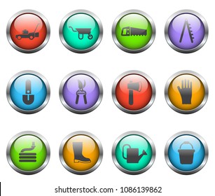 garden tools vector icons on color glass buttons