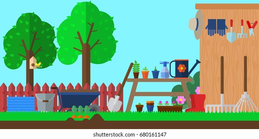 Garden tools vector illustration. Concept of gardening and harvesting. Flat style design. Colorful graphics