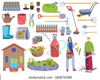 Garden Tools Vector Illustration Set. Cartoon Flat Man Woman Gardener Character With Farm Equipment For Spring Or Summer Gardening Work, Toolkit For Watering, Planting Flowers Icons Isolated On White