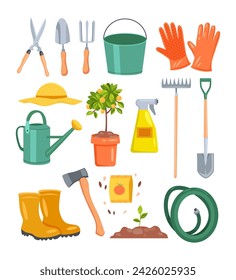 Garden tools vector illustration set isolated on white. Shovel, rake, pruning scissors, watering pot, rubber gloves, rubber boots, bucket. Gardening, hobby concept.