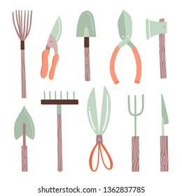 Garden tools vector illustrations on white background. Different equipment for gardening hand drawn set
