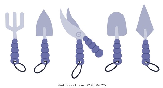 Garden tools vector set. Hand drawn illustration isolated on white backdrop. Farm equipment - small shovel, soil scoop, rake, pruner for cutting plants. Work inventory, flat cartoon style