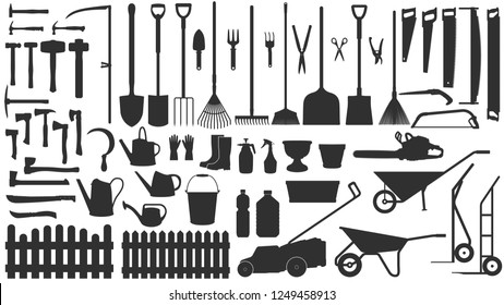 Garden tools. Vector silhouettes set: shovels, axes, hammers, saws, watering cans, carts, rakes, choppers, pots and scissors. Large collection of garden equipment. Black contours isolated on white.