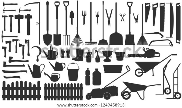 Garden tools. Vector silhouettes set: shovels,\
axes, hammers, saws, watering cans, carts, rakes, choppers, pots\
and scissors. Large collection of garden equipment. Black contours\
isolated on white.