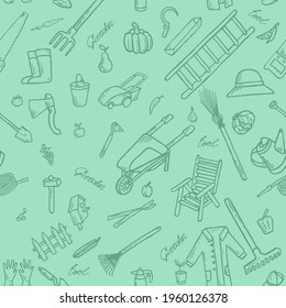 Garden tools, vegetables and fruits doodle seamless pattern. Outline illustrations, gardening.Home agricultural equipment