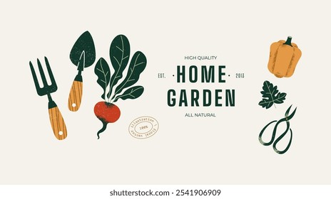 Garden tools and vegetables. Home garden design template. Vector illustration