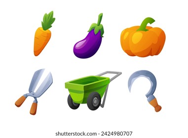 Garden tools and vegetables set for farm game assets design, flat vector illustration isolated on white background. User interface design elements for farm game.