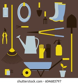 Garden tools. Watering can, bucket, secateurs, spade, rake, shovel, seeds, garden wheelbarrow, rubber boots, gloves. Vector pattern.