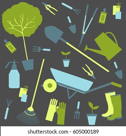 Garden tools. Watering can, bucket, secateurs, spade, rake, shovel, seeds, garden wheelbarrow, rubber boots, gloves. Vector pattern.