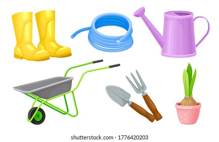 Garden Tools with Watering Can and Ironmongery Vector Set