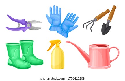 Garden Tools with Watering Can and Ironmongery Vector Set
