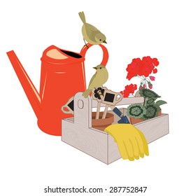 garden tools, watering can and potted geraniums