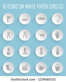 garden tools web icons on white paper circles