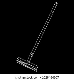 Garden tools. White silhouette of a rake with a long handle on a black background. Rake with long teeth. Vector illustration.