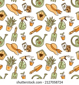 Garden tools, work on garden. Seamless pattern for florists shop, flowers market. Vector.
