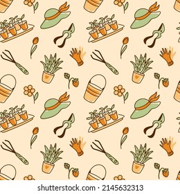 Garden tools, work on garden. springtime. Seamless pattern for florists shop, flowers market. Vector Illustration on beige background.