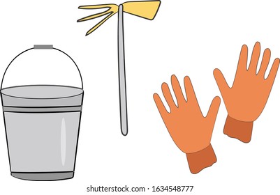 Garden tools for working on a white background, isolated. Set. Bucket, gloves, rake. Vector image.