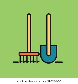 Garden tools. Tools for working in the garden. Shovel and rake. Vector icon.