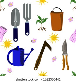 Garden tools.Equipment for agriculture.Growing plants. Garden wallpaper.Seamless pattern.Vector graphics. Natural design.